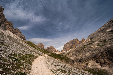 nature sceneries on the trail inside the Catinaccio mointain range, Vico di Fassa, Val di Fassa, Dolomites, Italy