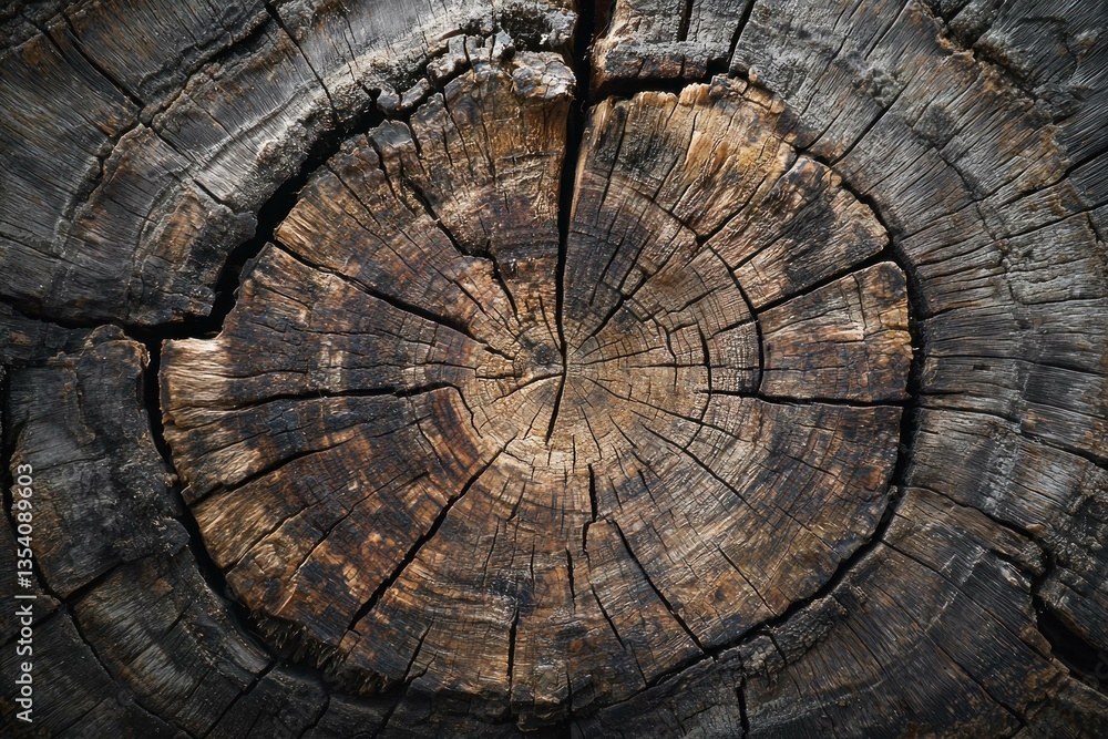 Poster close up of a rustic tree stump showcasing intricate textures and patterns, symbolizing nature s bea
