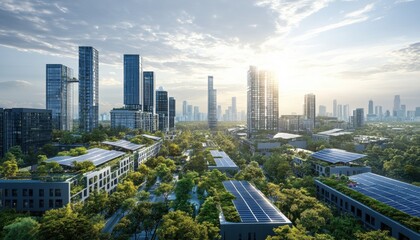 Naklejka premium Futuristic Urban Area Featuring Green Spaces and Solar Panels at Sunrise