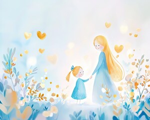 Mother’s Day illustration with mother and child, Mother’s Day artwork for family celebration, Mother’s Day loving family design with soft pastel colors,