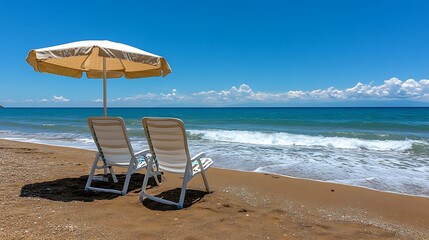 Two beach chairs and umbrella on a sandy shoreline under the sun