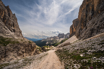 nature sceneries on the trail inside the Catinaccio mointain range, Vico di Fassa, Val di Fassa, Dolomites, Italy