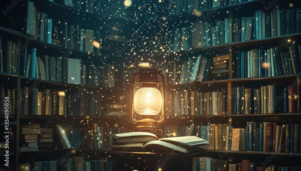 Poster enchanted library corner with books hovering and magical light source