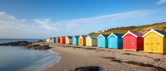 Colorful beach huts lined along a serene coastline under bright blue sky