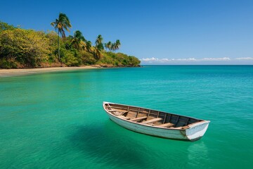 Fototapeta premium Tranquil Seascape with a Small Boat on Calm Turquoise Waters Near Tropical Shoreline