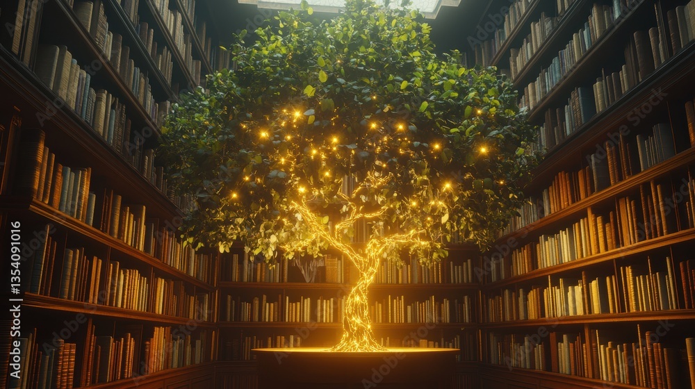 Poster enchanted library with glowing tree and floating books in dreamy atmosphere