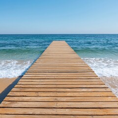 Fototapeta premium Serene Wooden Pier Stretching into Calm Ocean Under Clear Blue Sky