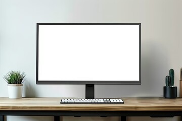 Modern Office Desk Workspace with Pc Computer and Notebook Laptop Mockup Over White Wall