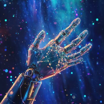 A robotic hand with metallic details reaching toward a vibrant scatter plot with dots connected by thin lines