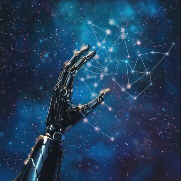 A robotic hand with metallic details reaching toward a vibrant scatter plot with dots connected by thin lines