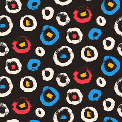 Circle brush stroke seamless pattern. Polka dots endless background. Paint tribal decor repeat cover. Abstract continuous ornament. Surface pattern design round motif. Vector hand drawn bg.