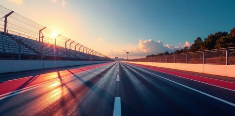 Obraz premium A vibrant race track at sunset, showcasing the perfect blend of speed and excitement.
