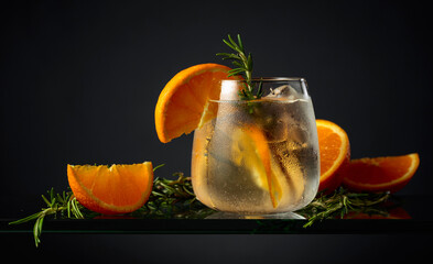 Hard seltzer with ice, orange, and rosemary.