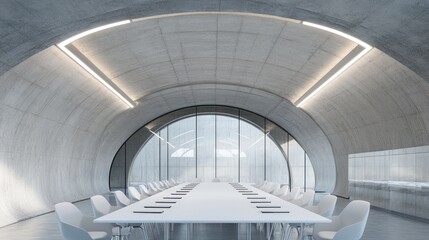 Obraz premium Modern concrete conference room, long table, arched ceiling, glass wall, meeting