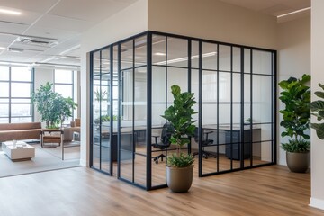 A bright, elegant workspace with clear glass partitions featuring matte black frames, defining private zones in an open-plan office