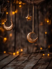 Golden star and crescent moon ornaments hanging against a wooden backdrop with soft lights