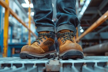 Close up of safety working shoe on worker feet standing in factory