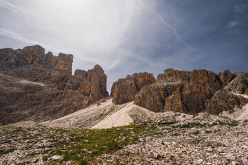 nature sceneries on the trail inside the Catinaccio mointain range, Vico di Fassa, Val di Fassa, Dolomites, Italy