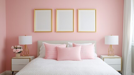 Elegant feminine modern bedroom design in soft pink cozy atmosphere interior photography chic decor