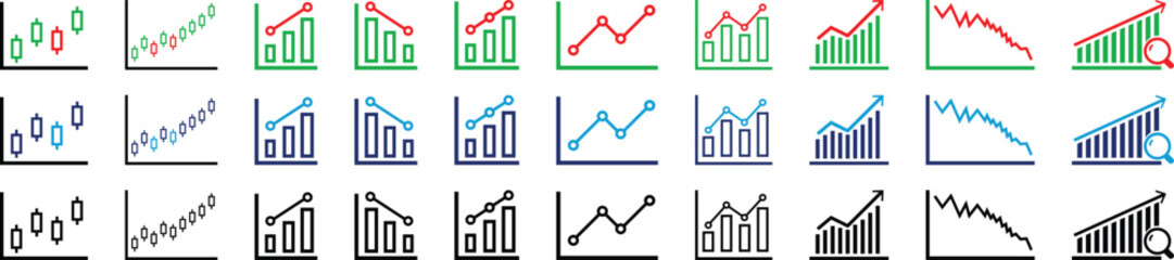 WebGraph and charts Colorful icon set. icons related to graph, charts, candlesticks, bar charts. Business success graph chart with arrow. profit growing symbol, progress bar symbol.