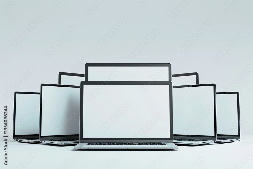 Poster sharp picture of stack of laptops on a white background isolated