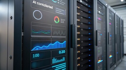 Hydrogen Storage concept. High-tech server room showcasing data analytics and AI technology interfaces.