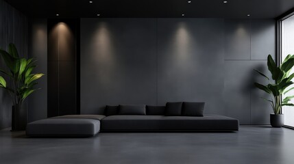 Modern minimalist living room with dark gray walls, a sectional sofa, and plants