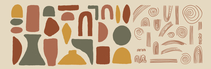 Boho minimal irregular shapes silhouette paint brush set. Chalk geometric rough figures and boho spiral, arch. Vector hand drawn terracotta and sage japandi illustration isolated on beige background.