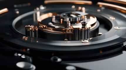 Close-up of intricate clockwork mechanism, futuristic design, dark background