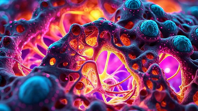 Colorful microscopic structure with glowing organic textures and cellular patterns in a vibrant abstract composition

