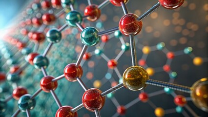 Hydrogen Storage concept. Abstract molecular structure with interconnected colorful atoms on a blurred background.