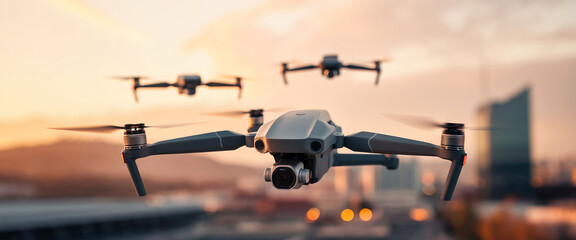 Grey drones flying against a blurry sunset cityscape background, showcasing advanced technology and aerial photography capabilities