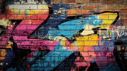 Colorful abstract graffiti art painted upon an old brick wall
