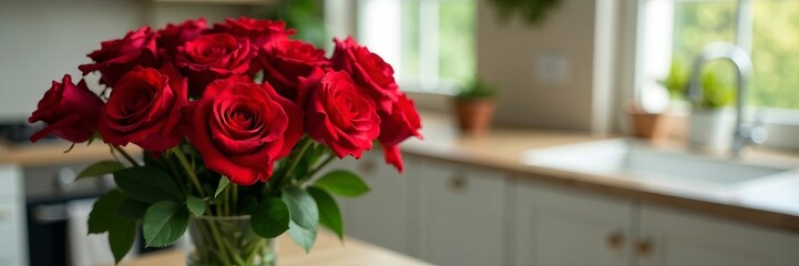 Obraz premium A beautiful bouquet of vibrant red roses in a bright kitchen setting.
