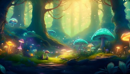 Fototapeta premium Glowing mushrooms growing in magical enchanted forest during spring