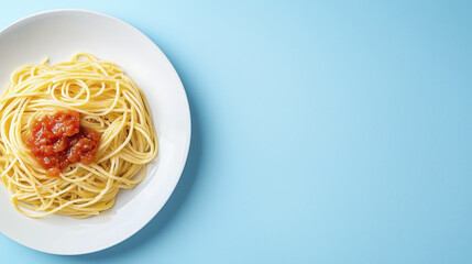 Delicious spaghetti with tomato sauce on white plate against light blue background, evoking sense of comfort and satisfaction