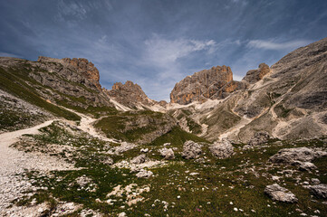 nature sceneries on the trail inside the Catinaccio mointain range, Vico di Fassa, Val di Fassa, Dolomites, Italy