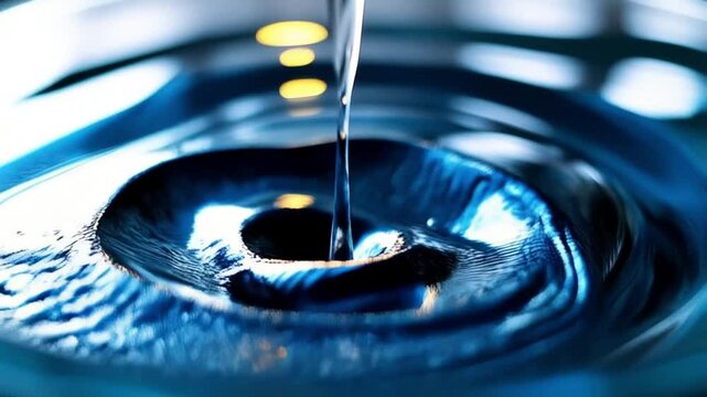 Macro water droplet, serene mood, splashing into blue liquid, abstract background