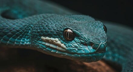 Fototapeta premium Striking Close-Up of a Blue Viper Snake – Vibrant Scales and Hypnotic Eyes