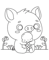 Coloring book Pig eating ice cream A sweet coloring page for kids, perfect for a treat or food theme