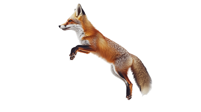 Fox jumping in mid-air from a side view against a white background