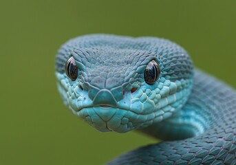 Fototapeta premium Striking Close-Up of a Blue Viper Snake – Vibrant Scales and Hypnotic Eyes