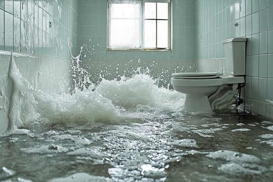 Bathroom floor is flooded with splashing water near a white toilet. Use this to illustrate plumbing issues, disaster recovery, or home emergencies.