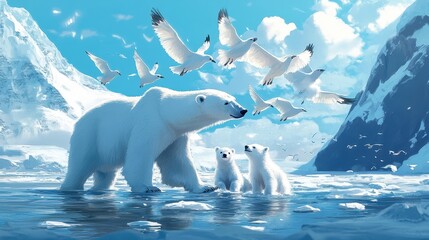 polar bear family and seagulls in arctic landscape