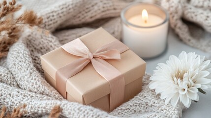 Still life featuring a gift box, candle, and white flower on a knitted blanket backdrop