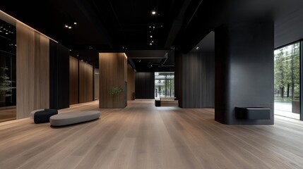 Modern, spacious lobby with light hardwood floors and dark accents.  Large windows offer exterior views