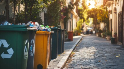 Urban Street Scene with Recycling Bins and Environmental Signage
