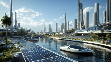 Futuristic Urban Cityscape with Solar Panels and Electric Vehicles on Rooftops