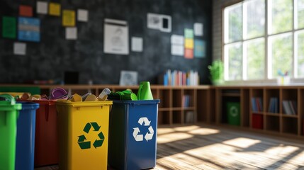 Classroom Scene with Colorful Recycling Bins for Paper and Plastic Waste