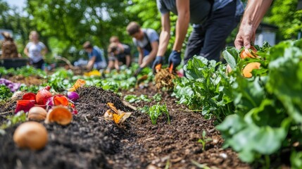 Community Garden Volunteers Working Together in Compost Area with Vegetables